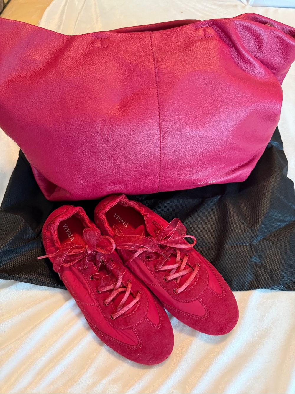 Fuchsia Pebbled Leather Tote with Top Handles and Adjustable Shoulder Strap